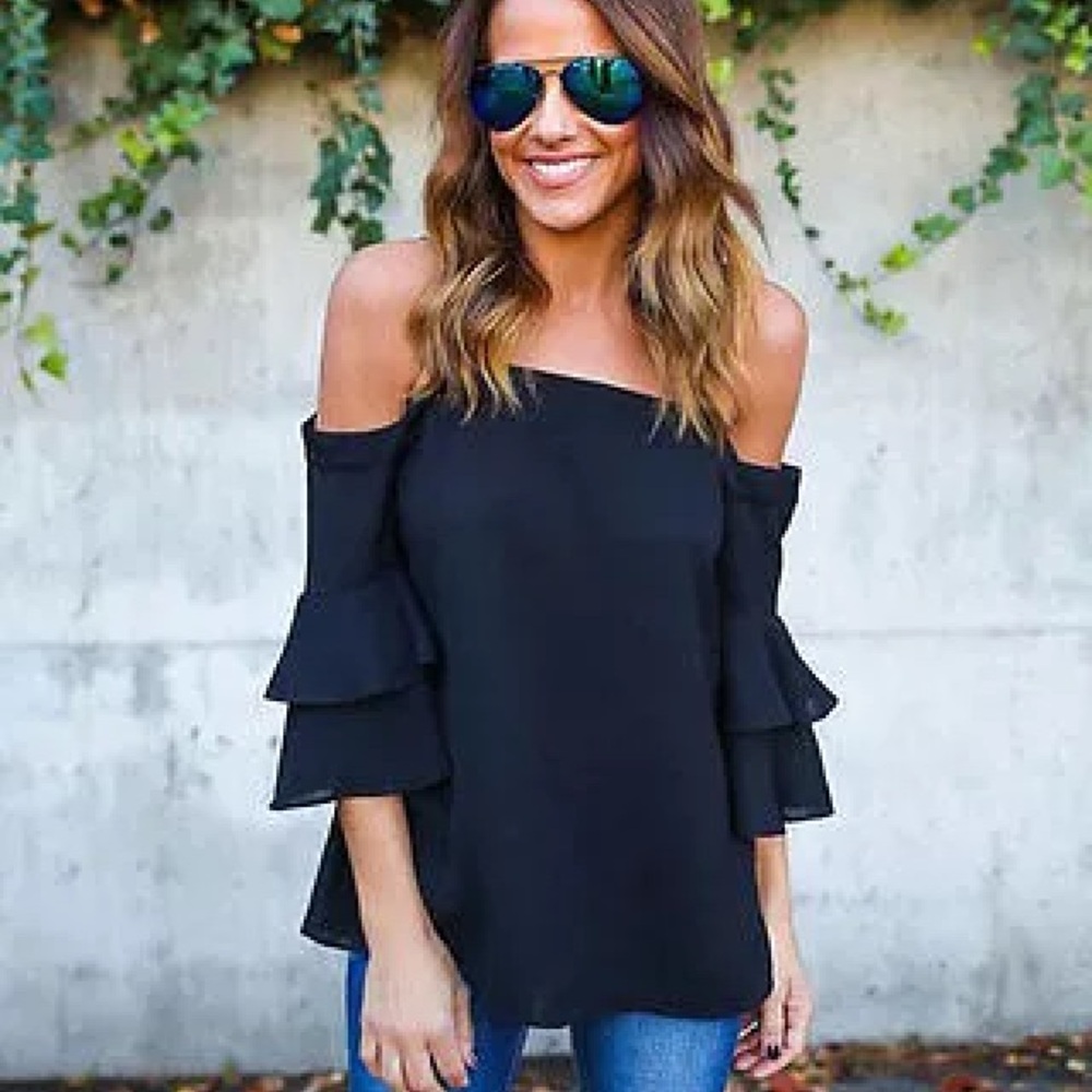 Cold Shoulder Ruffle Sleeve Chiffon Blouse